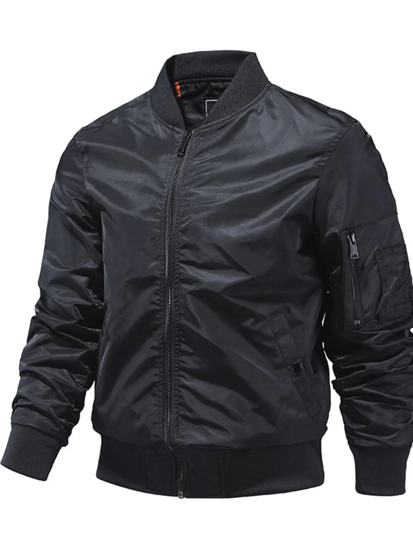 Men's black zip-up bomber jacket with ribbed collar, cuffs, and hem, and zippered sleeve pocket.