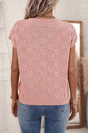 Dusty pink square-knit short sleeve tee with crew neck and textured checkerboard pattern.