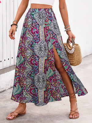 Paisley print maxi skirt in deep purple with a high slit and bohemian style
