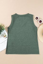 Sage green textured V-neck sleeveless tank top with ribbed trim