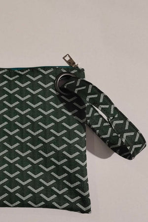 Army green plaid print wristlet clutch with grommet detail and zipper