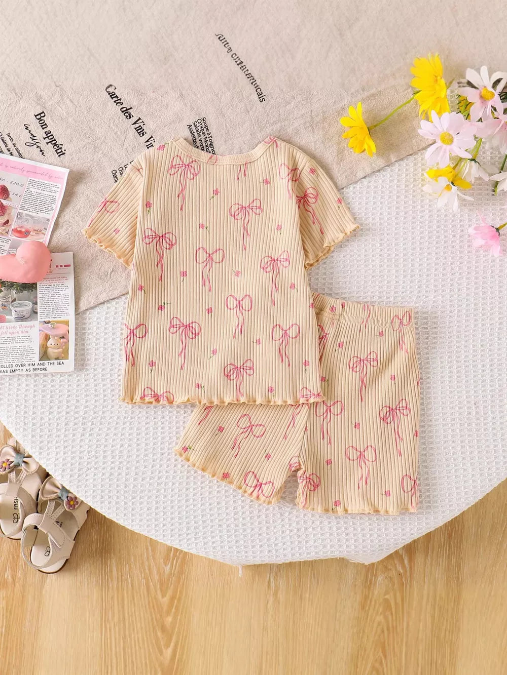 Children's Ribbed Knit Top And Shorts Set in Apricot, alternate angle