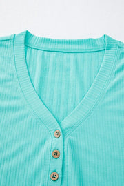 Ribbed Henley tank in Tiffany Blue with V-neck and wooden buttons.