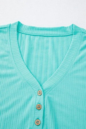 Ribbed Henley tank in Tiffany Blue with V-neck and wooden buttons.