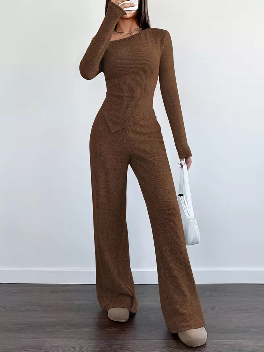 Chic One-shoulder Asymmetrical Top & Wide-leg Pants Set in Burgundy, view 14