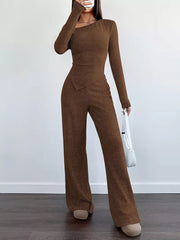 Chic One-shoulder Asymmetrical Top & Wide-leg Pants Set in Burgundy, view 14