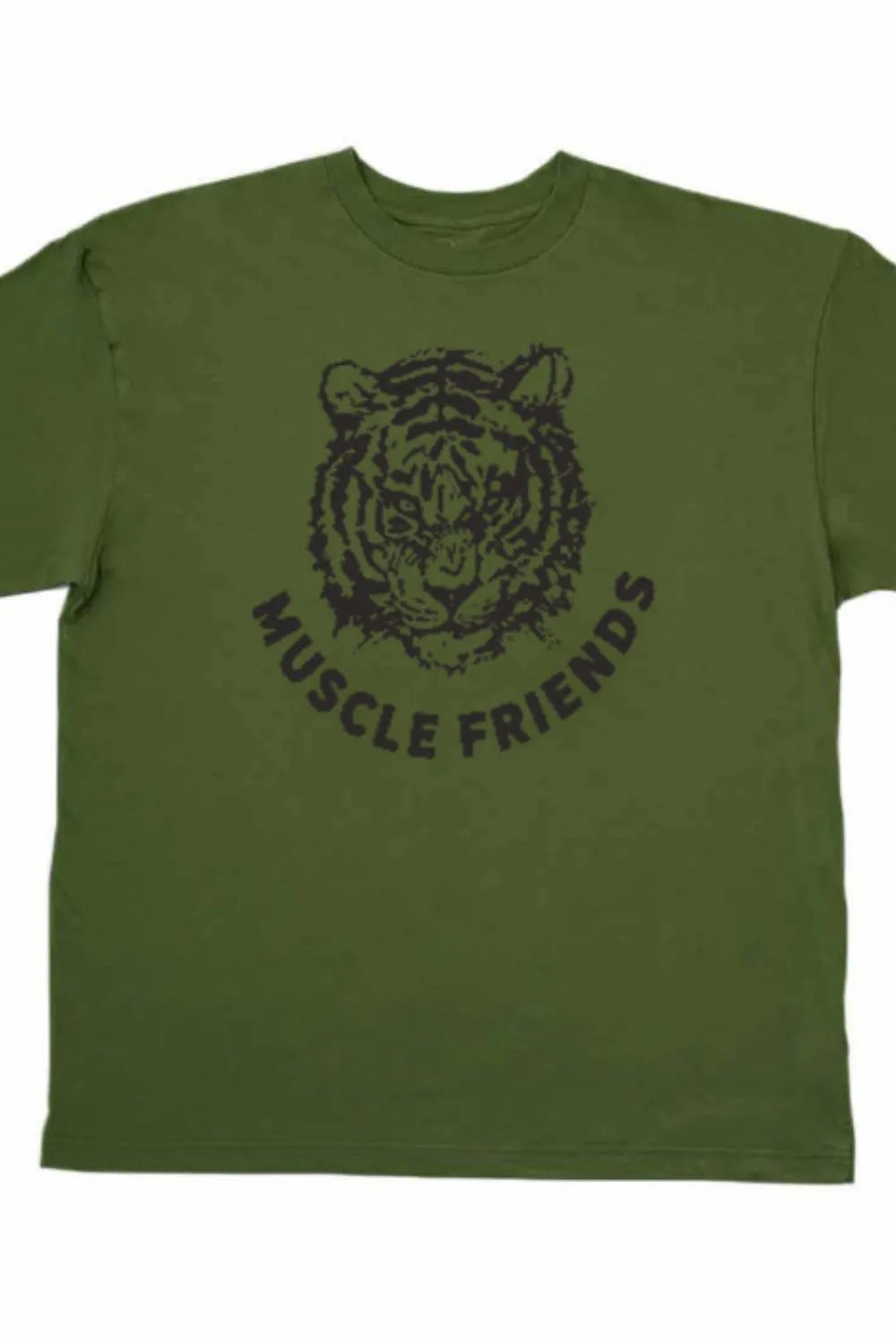 Army green oversized tee with black tiger graphic and Muscle Friends text.