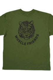 Army green oversized tee with black tiger graphic and Muscle Friends text.