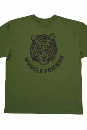 Army green oversized tee with black tiger graphic and Muscle Friends text.