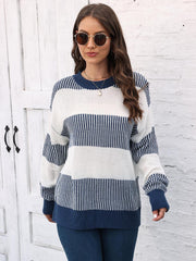 Striped knit crewneck sweater with ribbed trim in white and navy blue acrylic.