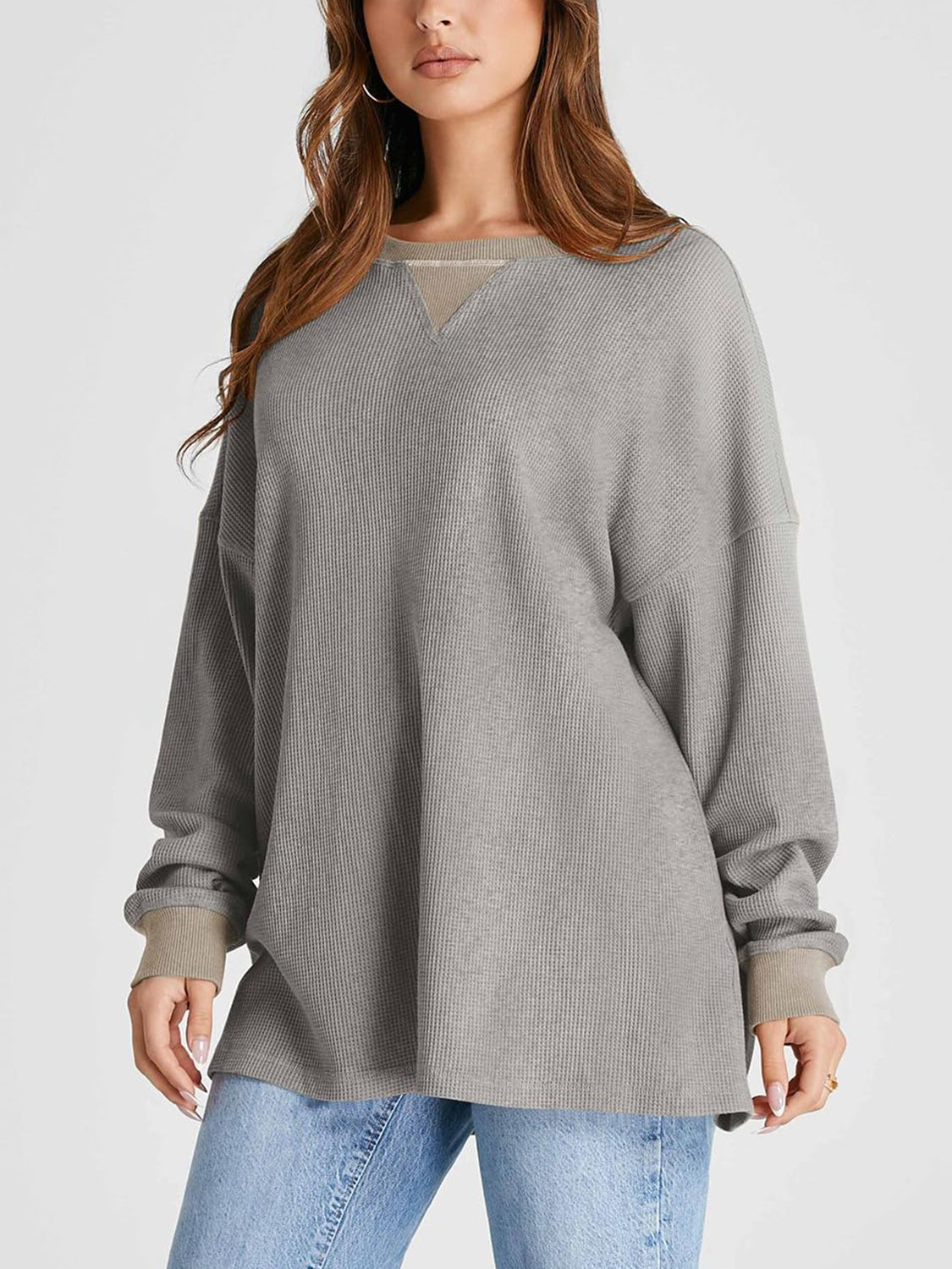 Gray waffle knit raglan sleeve sweatshirt with contrast neckline and cuffs