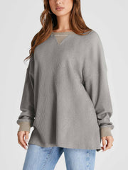 Gray waffle knit raglan sleeve sweatshirt with contrast neckline and cuffs