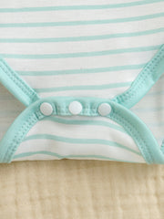 Baby bodysuit with white and aqua stripes, aqua trim, and snap closure detail.