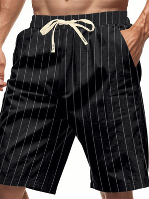 Black pinstripe chino shorts with drawstring waist and side pockets.