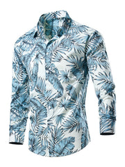 Men's long sleeve button-down shirt in white with blue tropical leaf print, cotton.