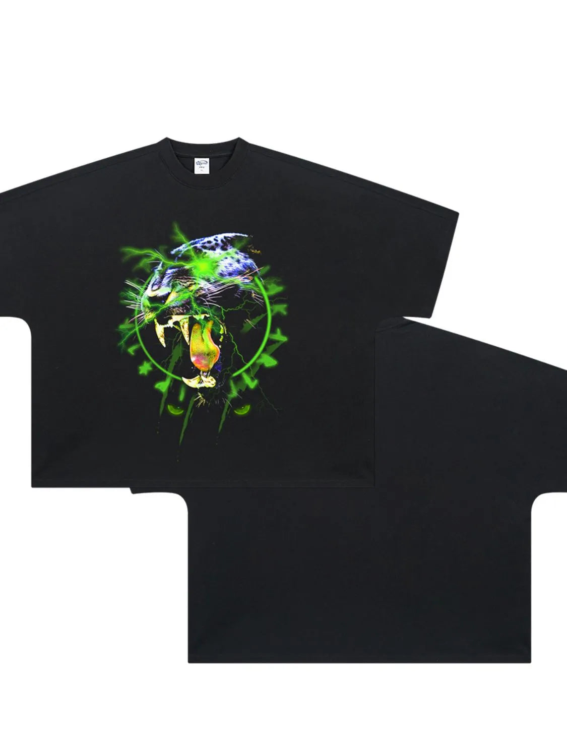 Black oversized tee with electric leopard graphic print and green lightning details.
