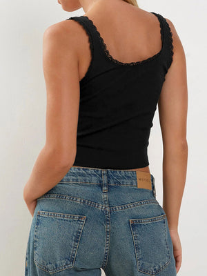 Black ribbed knit cami with lace trim detail.