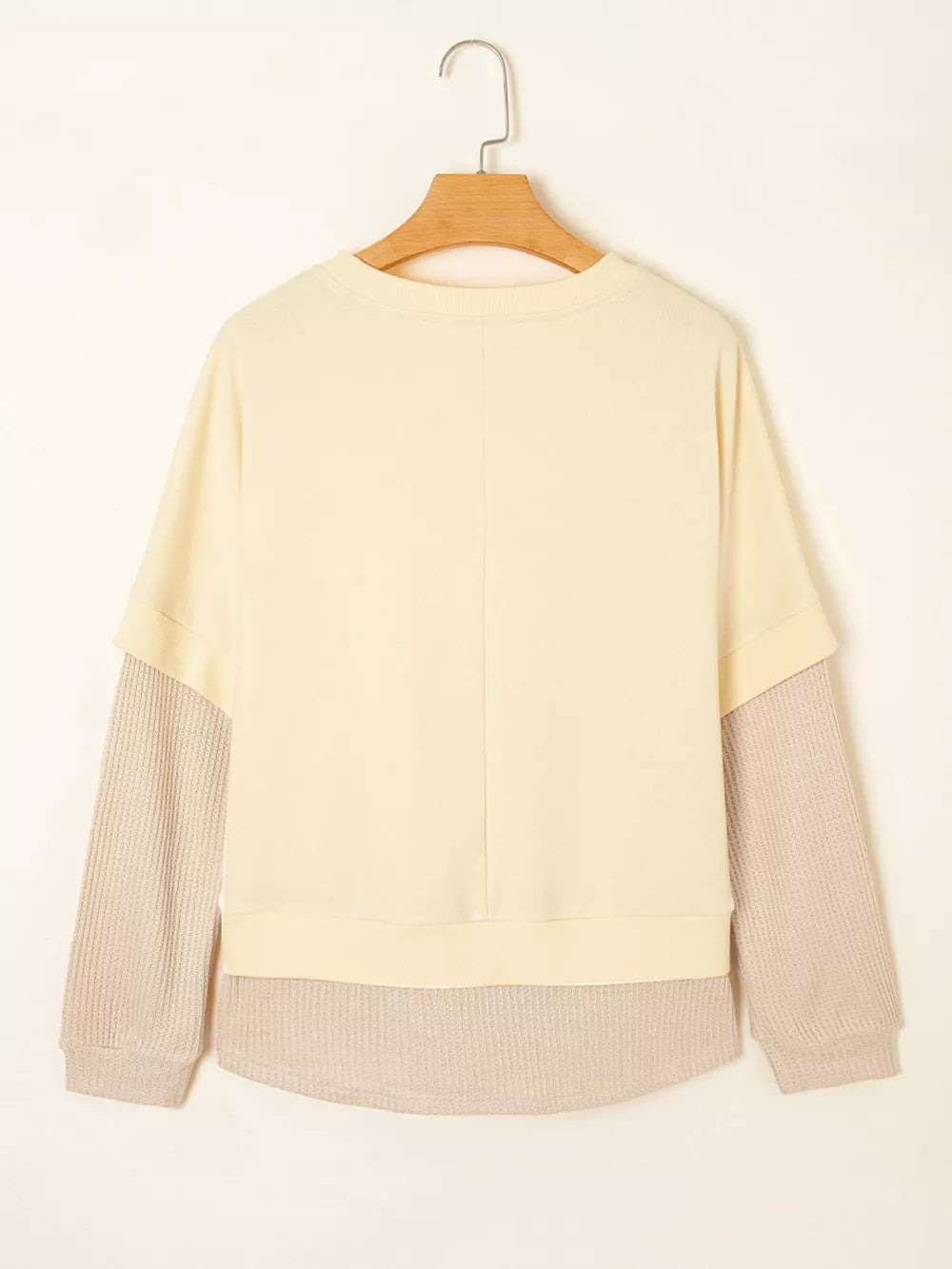 2 In 1 Faux Two Piece Patchwork Sweatshirt in Beige, fabric detail