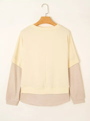 2 In 1 Faux Two Piece Patchwork Sweatshirt in Beige, fabric detail