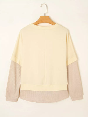 2 In 1 Faux Two Piece Patchwork Sweatshirt in Beige, fabric detail
