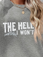 Graphic crewneck sweatshirt in charcoal with white text graphic and floral detail