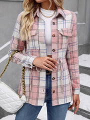 Belted blush pink plaid shacket with utility pockets and drawstring waist