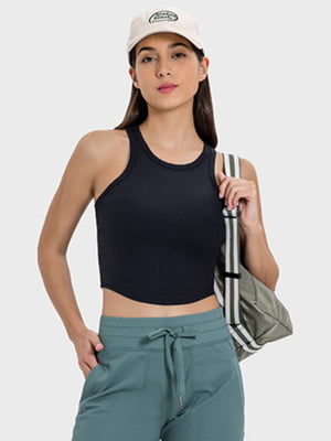 Black ribbed racerback active tank top with a round neckline.