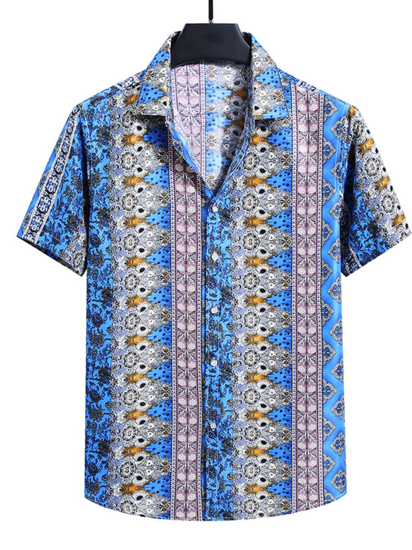 Men's blue short sleeve buttoned shirt with a colorful abstract print and vertical stripes.