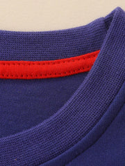 Toddler dress neckline detail: navy cotton with red trim