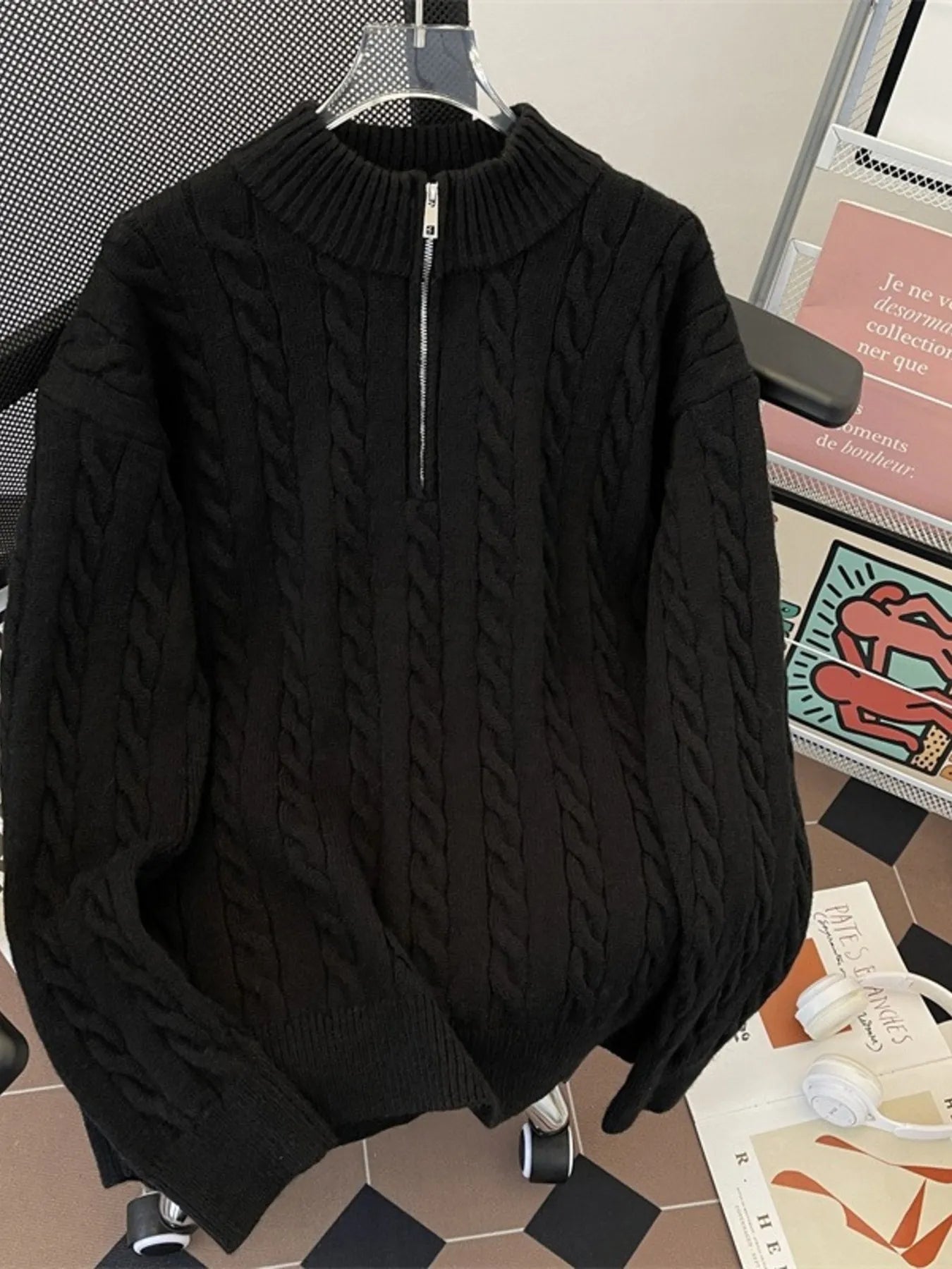 Men's black cable knit quarter-zip pullover sweater with mock neck