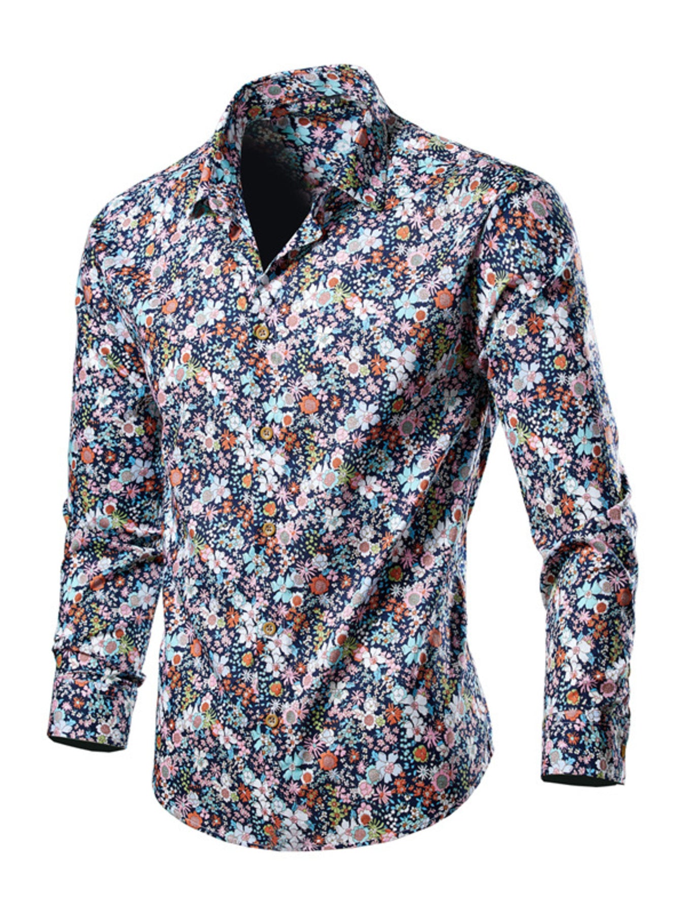 Men's long sleeve button-down shirt in navy with a multicolor floral print.