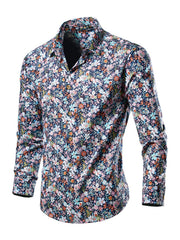 Men's long sleeve button-down shirt in navy with a multicolor floral print.