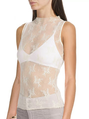 Sheer mock neck lace tank top in cream with floral pattern.