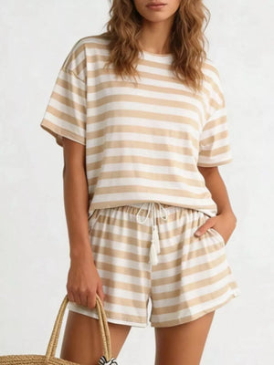 Casual striped tee and drawstring shorts ensemble in yellow, khaki, blue, or pink.