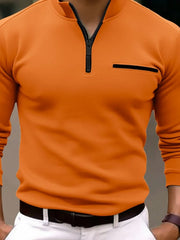Orange mock neck zip-up sweatshirt with welt pocket