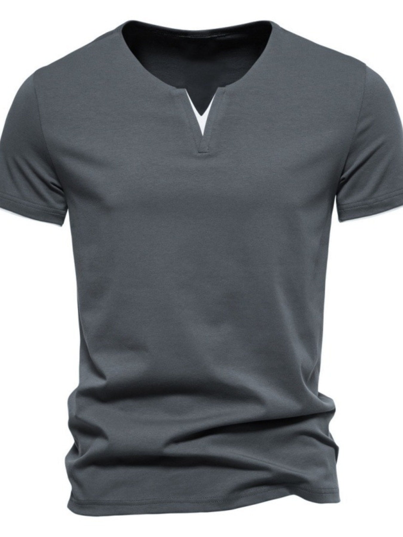 Men's dark gray cotton slim fit tee with notched V-neck