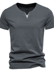Men's dark gray cotton slim fit tee with notched V-neck