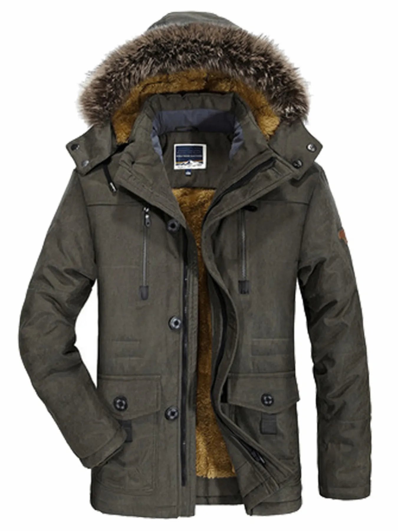 Men's Army Green Faux Fur Hooded Winter Parka with buttoned front and fur lining.