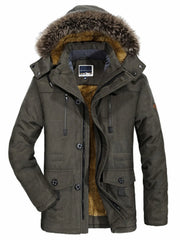 Men's Army Green Faux Fur Hooded Winter Parka with buttoned front and fur lining.