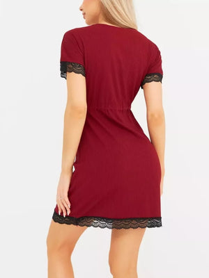 Ribbed Lace-trim V-neck Mini Dress Plus Size in Apricot, alternate angle