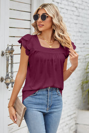 Deep Purple eyelet flutter sleeve square neck blouse with pintuck detail.