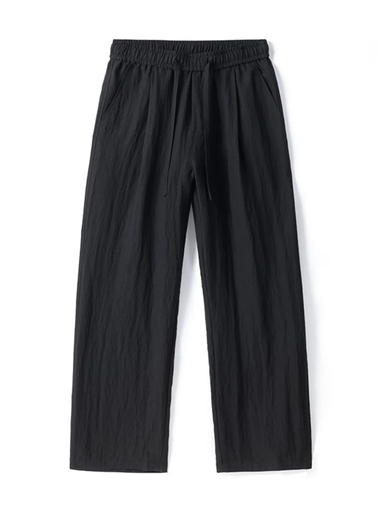 Black lightweight wide-leg trousers with drawstring waist and textured fabric.