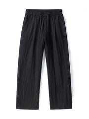 Black lightweight wide-leg trousers with drawstring waist and textured fabric.
