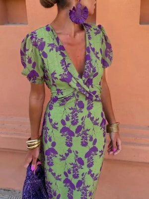 V-neck Puff Sleeve Floral Midi Dress Plus Size in Green, front view
