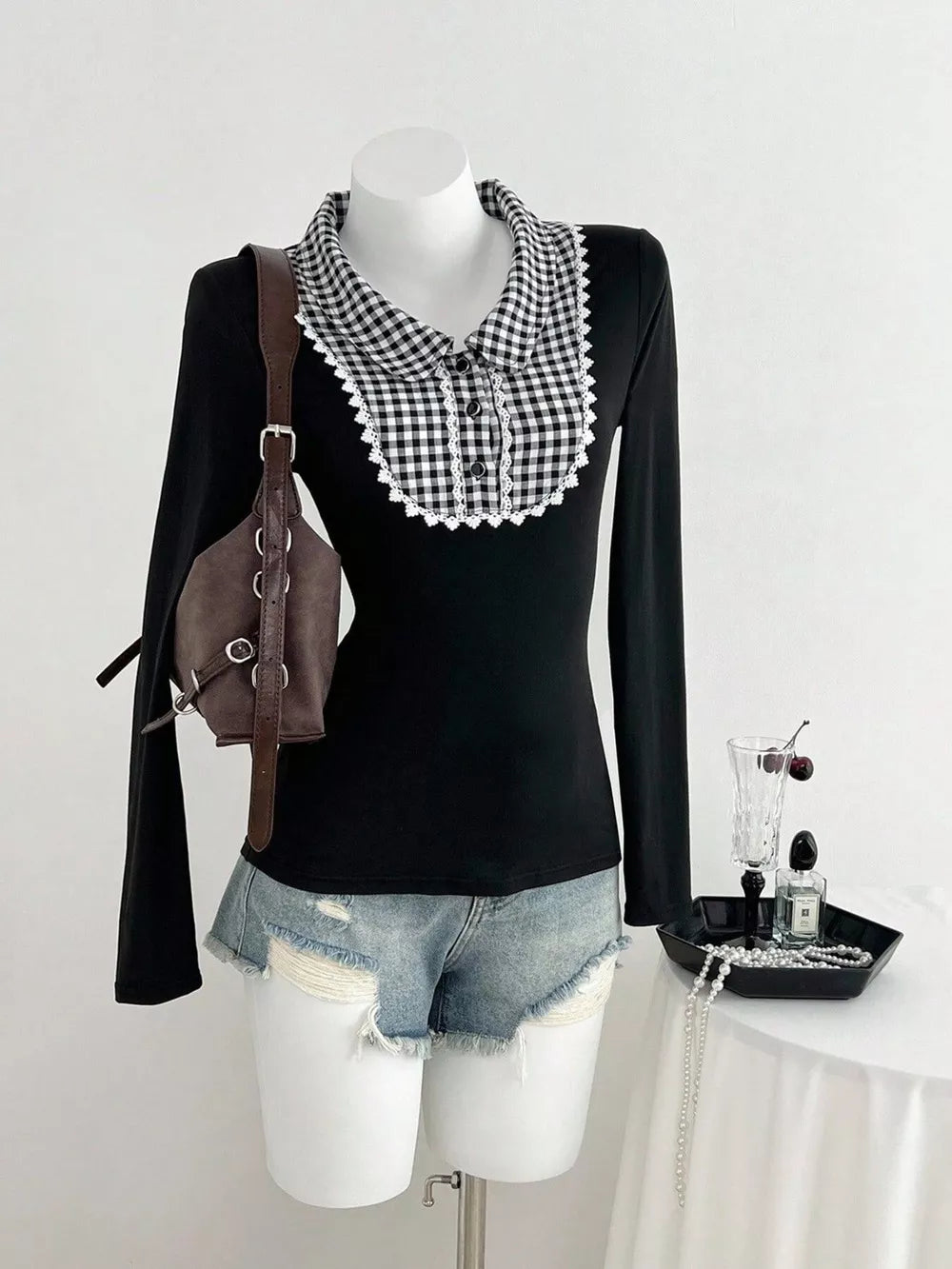 Gingham Collar Long Sleeve T-shirt, front view