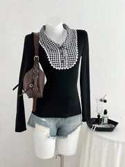 Gingham Collar Long Sleeve T-shirt, front view