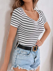 White and black striped t-shirt with ruched bust detail and V-neck.