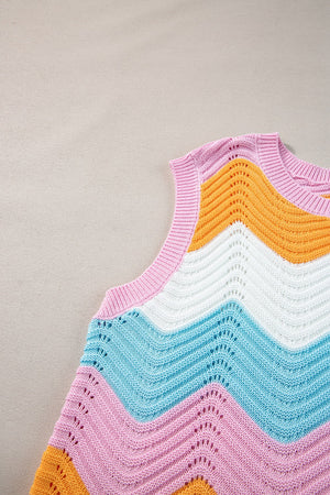 Chevron knit tank top with pink, orange, white, and blue stripes and open knit details.