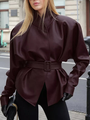 Stand Collar Belted Faux Leather Jacket in Wine Red, view 11