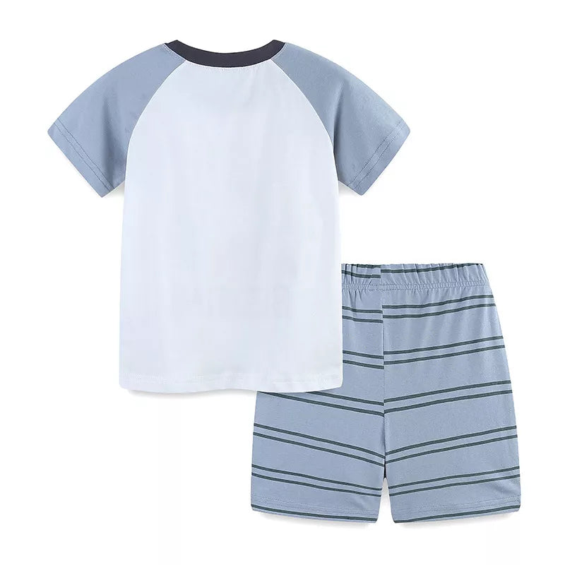 Toddler cotton sleepwear set with white raglan tee and blue striped shorts.